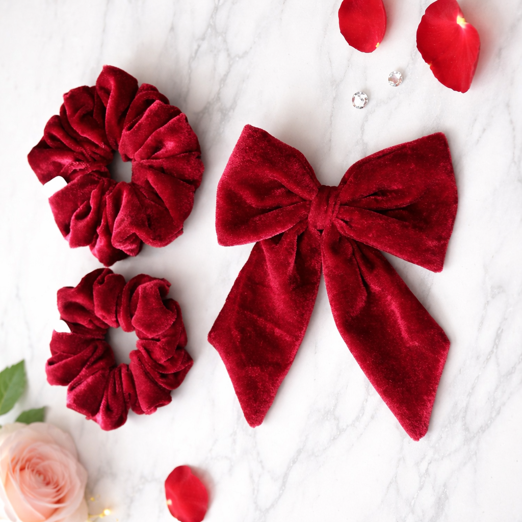 Panny Premium Velvet Scrunchie & Bow Set – Red