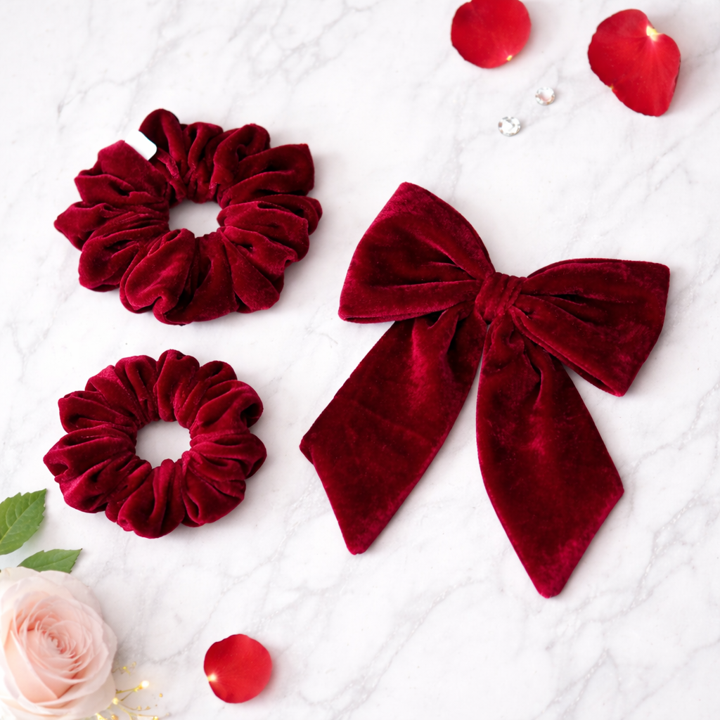 Panny Premium Velvet Scrunchie & Bow Set – Maroon